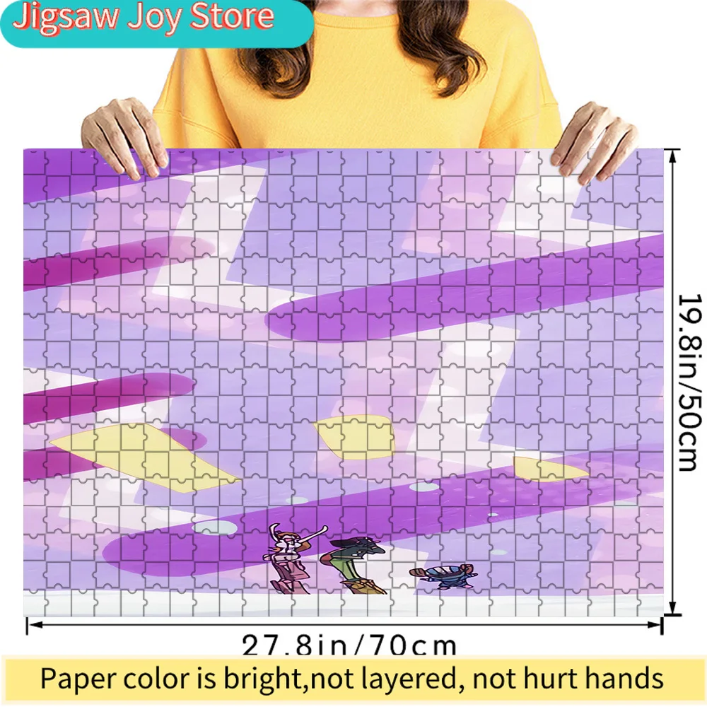 

Three Cartoon Characters Running on Purple Abstract Background Paper Jigsaw Puzzle, Vibrant Anime Style Artwork Paper Puzzle, Hi