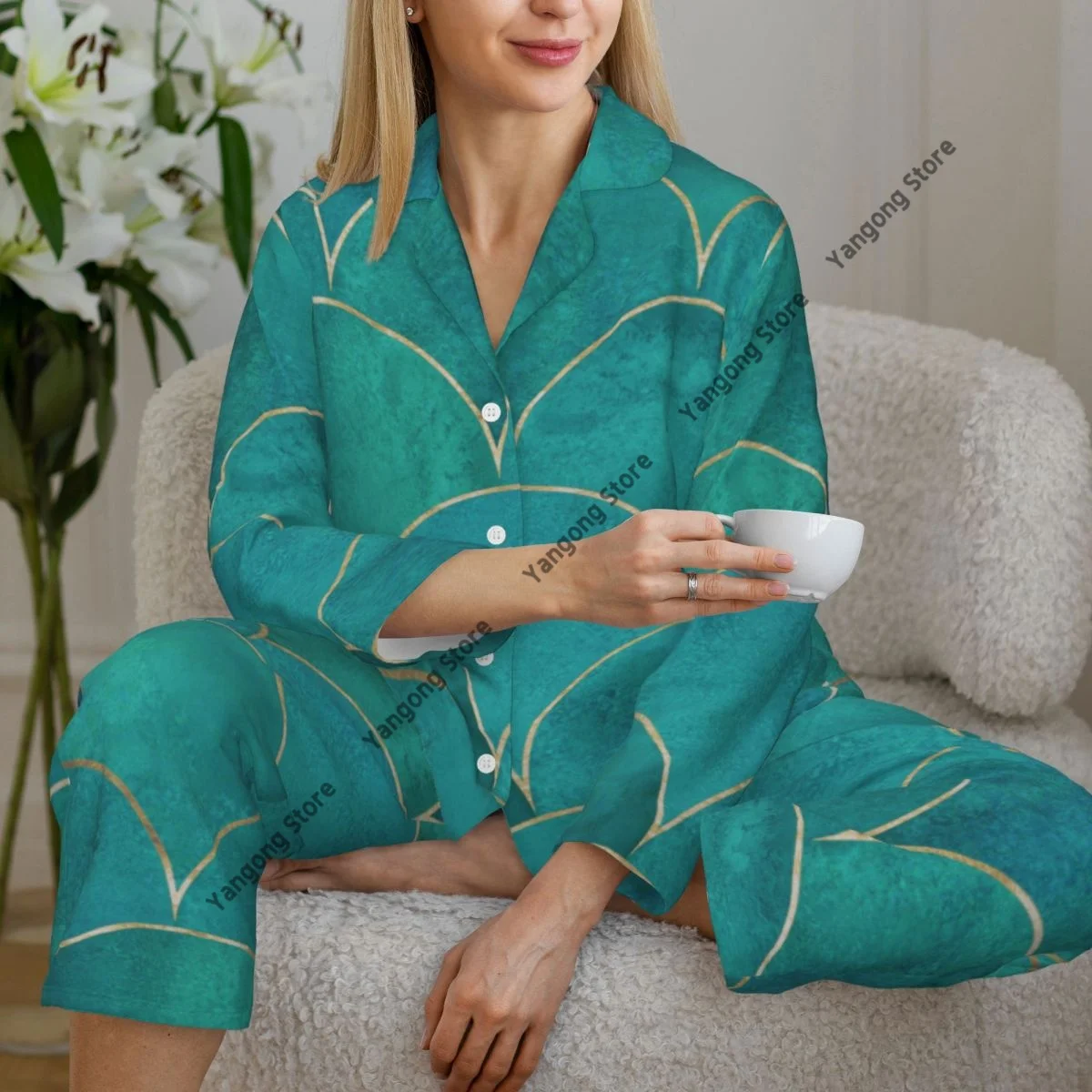 Mermaid Fish Scale Japanese Wave Womens Pajamas Loungewear Two-piece Sleepwear Button-Down Full Sleeve Long Pajamas Set