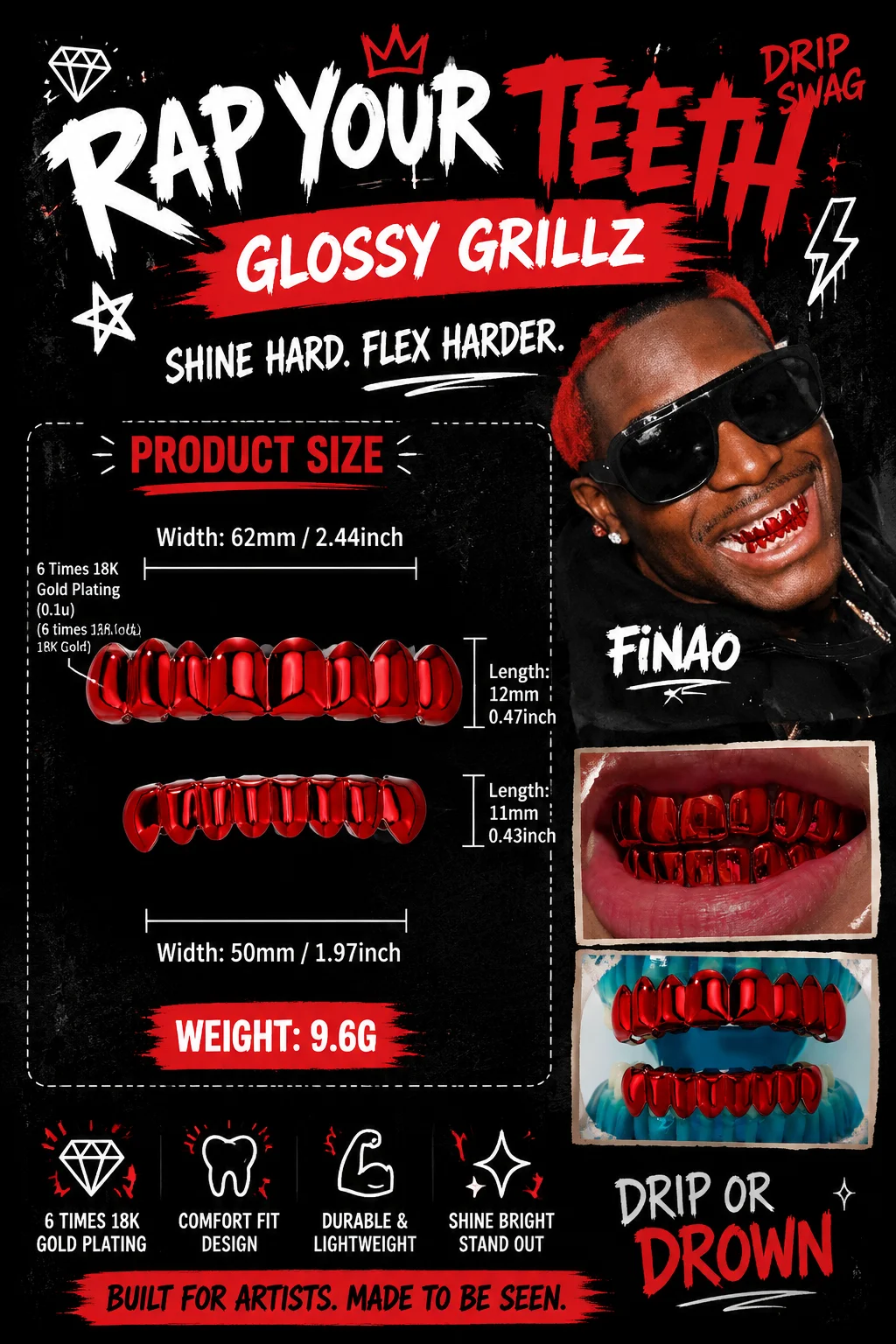 JINAO Hip Hop 8 Teeth Smooth Surface Drak Red Halloween Color Grillz Set Men Women Top&Bottom Shiny Grill Punk Rapper Christmas