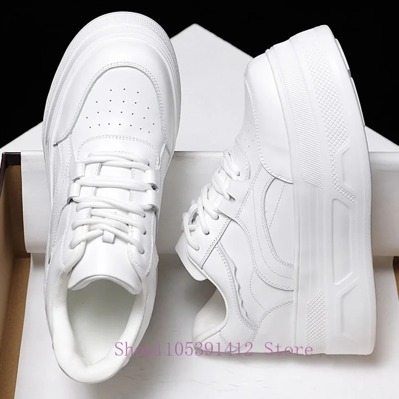 

Women White Genuine Leather Chunky Sneakers Thick Sole All-Match Casual Shoes Lace-Up for School Office Platform Shoes