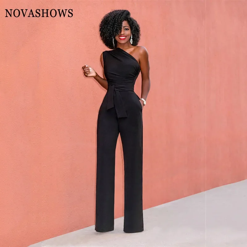 New 2022 Black Jumpsuit One Shoulder Evening Dresses Pockets Prom Gown Wide leg pants Pants Evening strapless Dress