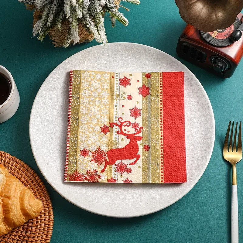 10/20pcs 33cm 2-Ply Christmas Theme Party Elk Print Red Gold Napkins Colourful Christmas Series Square Napkins Paper Placemats