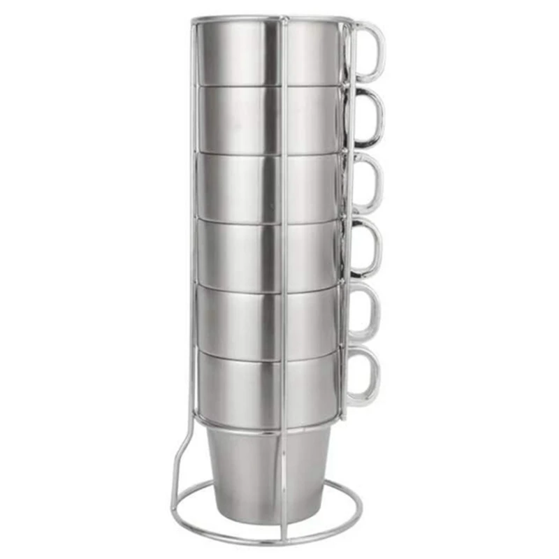 Stainless Steel Water Cup, Double Layer Coffee Cup, Practical Anti-Scald Stackable Water Cup Set With Cup Holder Stand