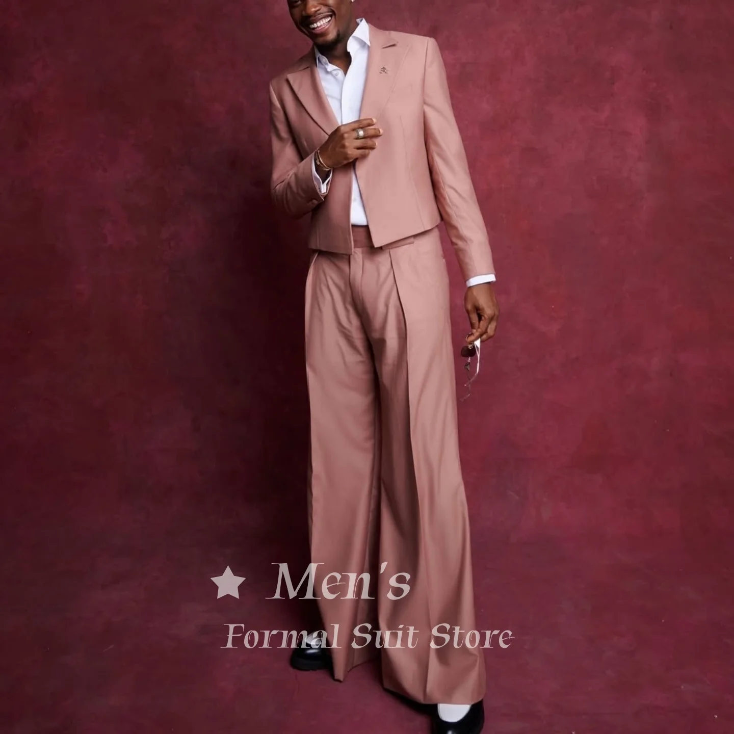 

Vintage Mens Dusty Pink 2 Piece Suit Cropped Blazer Wide Leg Pants Trousers Peak Lapel Wedding Groom Prom Customized