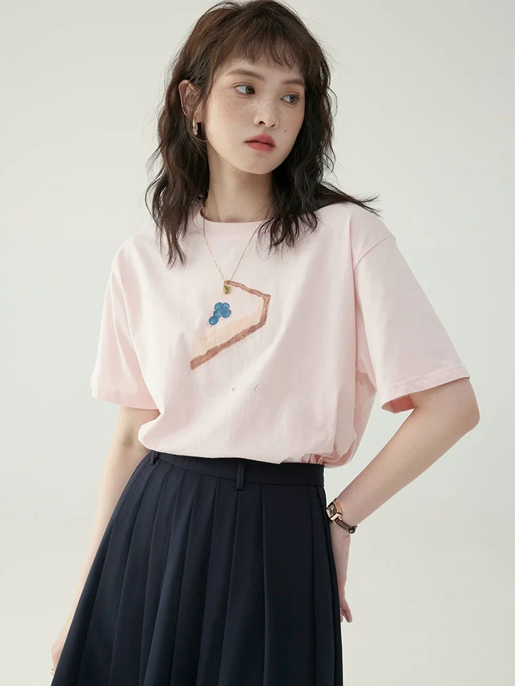 North Island AMUU Japanese Style Casual Versatile Short Sleeve round Neck Cake Print T-Shirt Summer Simple Matching Ladies Top