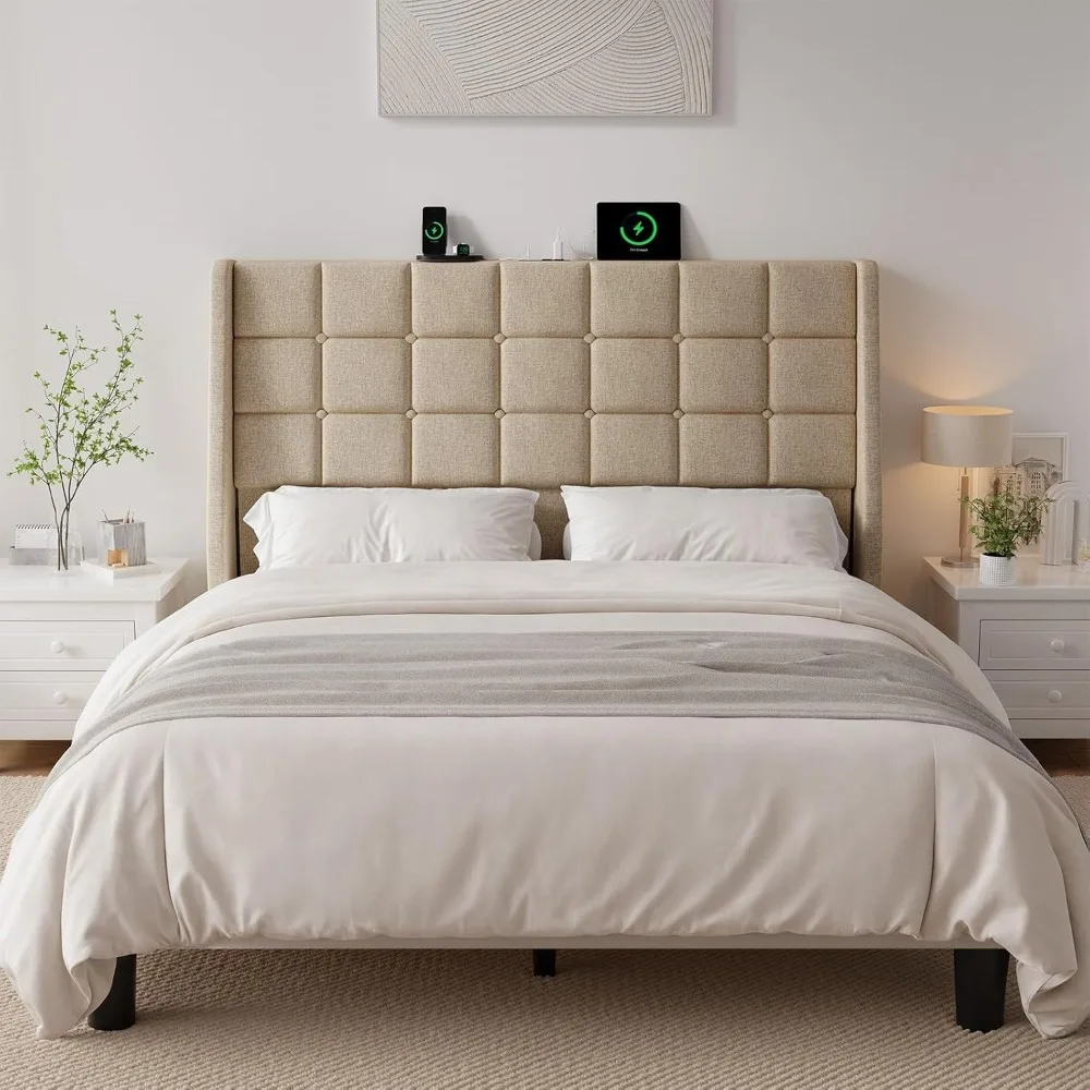 Queen Size Upholstered Headboard with Charging Station and Linen Wingback Headboard with Storage Pockets