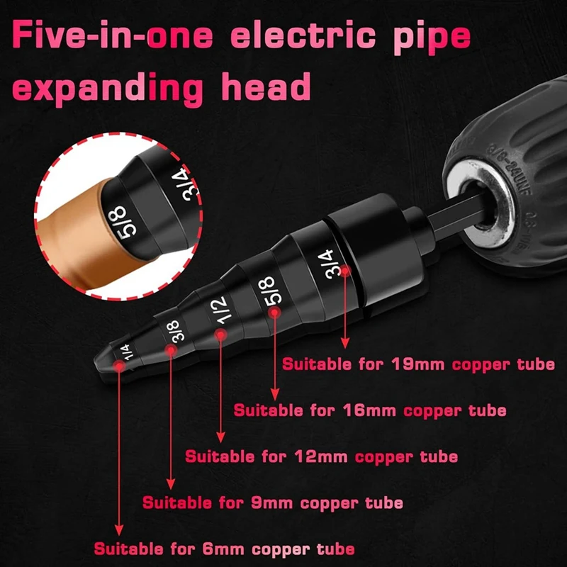 13 PCS Copper Flaring Tool Pipe Expander, Black & Wine Red Carbon Steel 1/4In,3/8In,1/2In,5/8In,3/4In,7/8In Boring Drill Bit