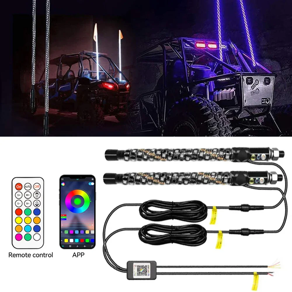 Colorful Flagpole Spiral Antenna Whips Lights Remote Control LED Flagpole Lights 30cm/1ft for UTV ATV Off Road Truck Sand Buggy