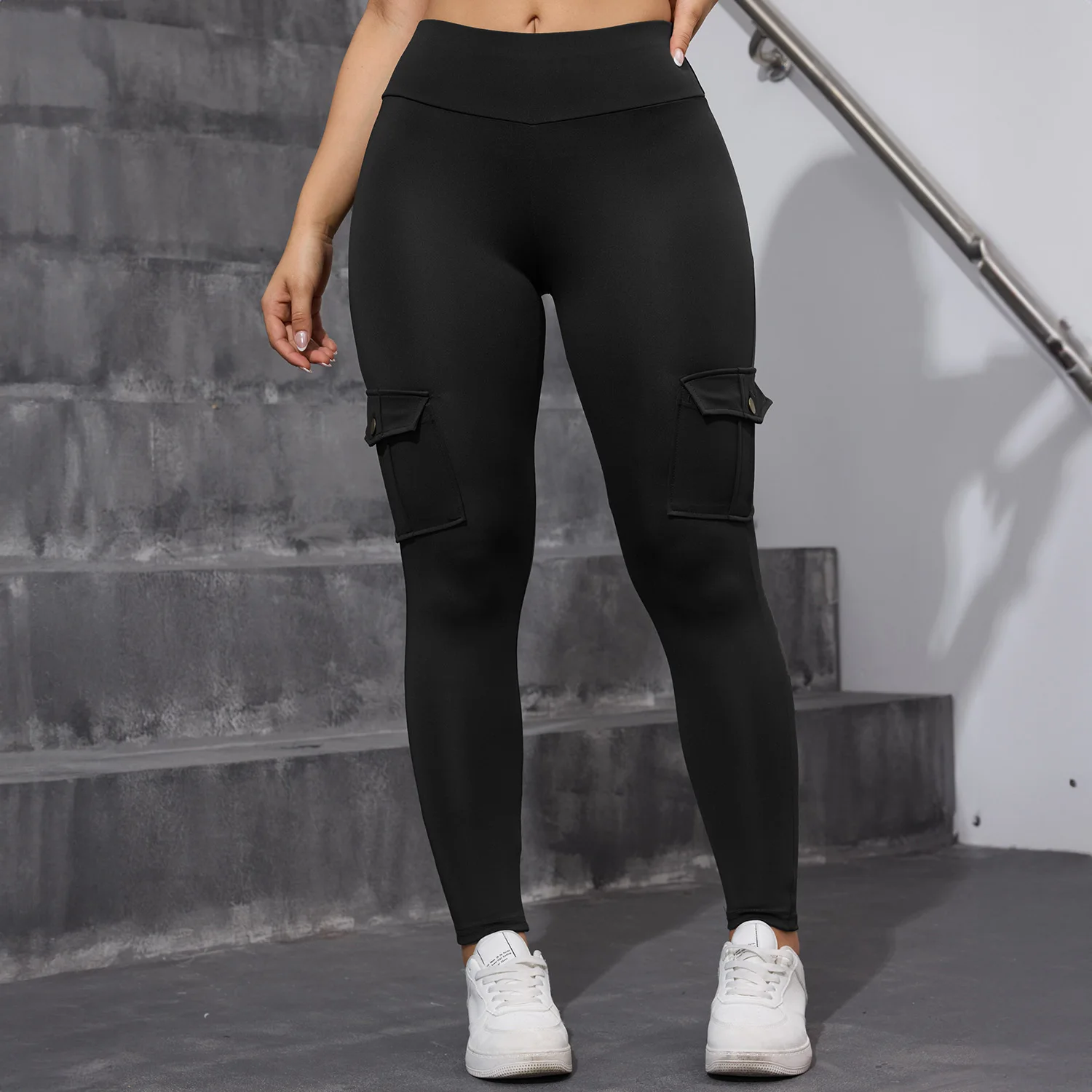 Hohe Taille Taschen Frau Leggings Einfarbig Fitness Skinny Stretch Sport Hosen Casual Outdoor Workout Leggings