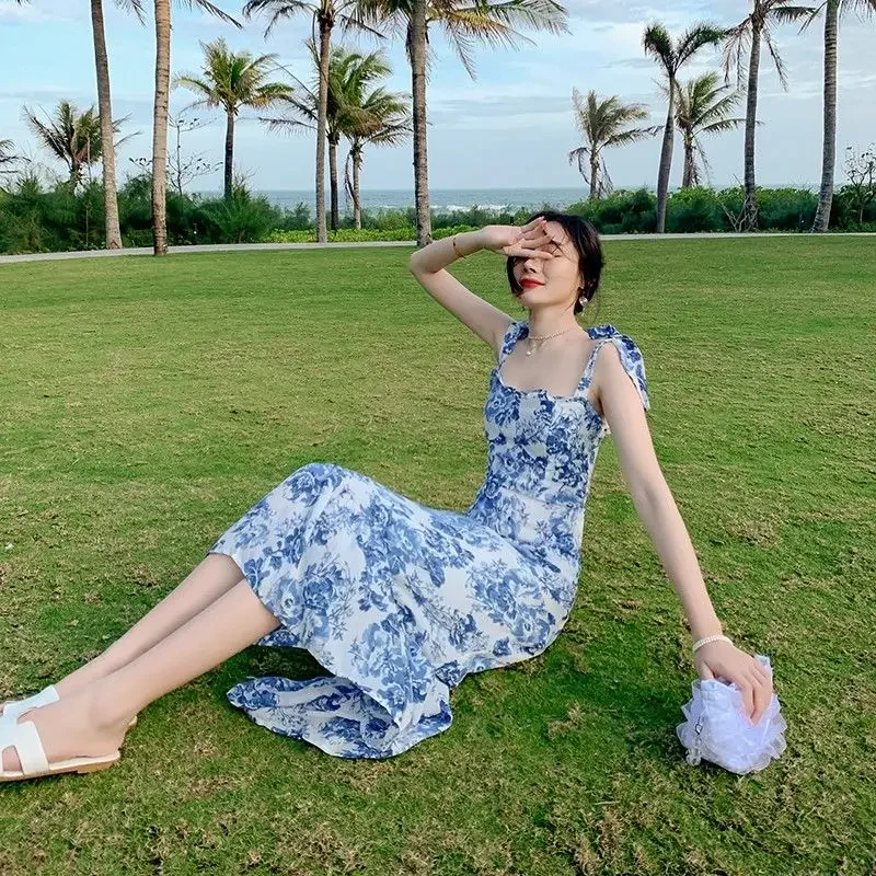 Dress Women Summer Design Ankle Length Ruffles French Flower Sleeveless Sundress Sqaghetti Temperament Female Classic Holiday