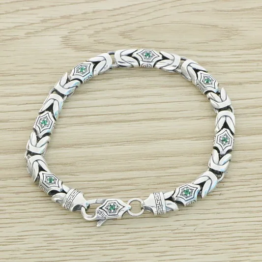 

S925 sterling silver inlaid with green diamond and safety pattern bracelet, original design for couples, vintage craftsmanship s