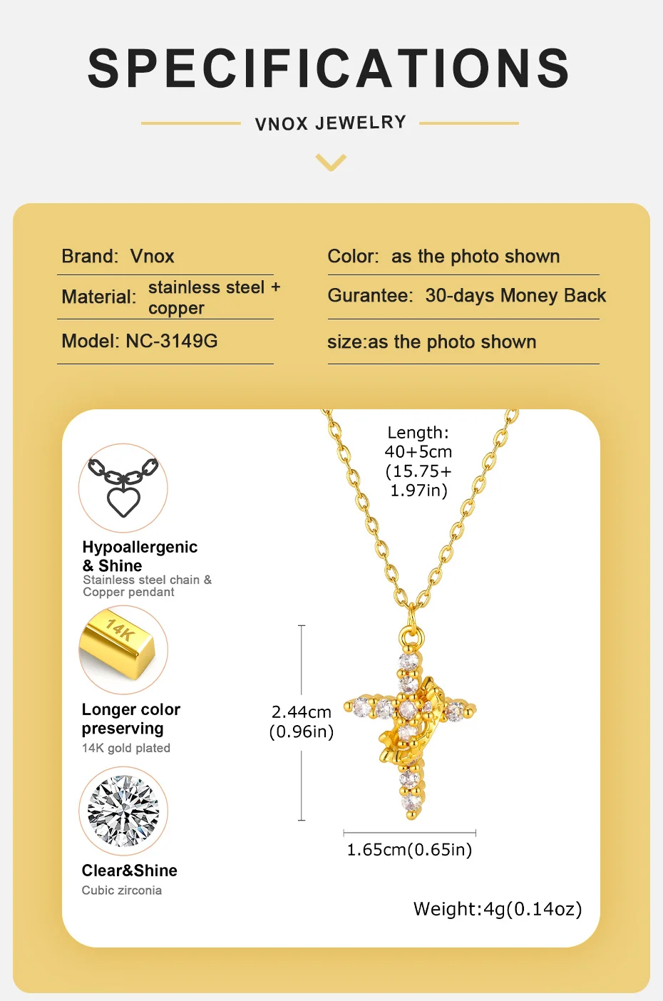 Vnox Drehbare Kronen-Kreuz-Halskette für Frauen 18K Vergoldeter Drehbarer Zirkon-Kreuz-Anhänger Halskette Christlicher Gebetsschmuck – Detail 4