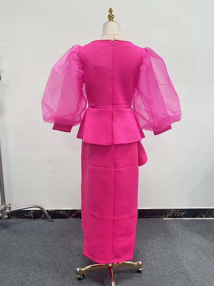 TWOTWINSTYLE Patchwork Pearls Split Dress For Women Square Collar Lantern Sleeve High Waist Elegant Dresses Female New KDR513358
