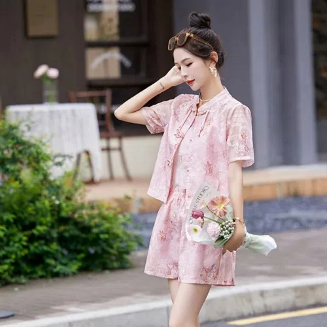 New Chinese National Style Plate Buckle Shorts Two-piece Set 2024 Summer Fashion New Ageing Improved Hanbok Top Pants