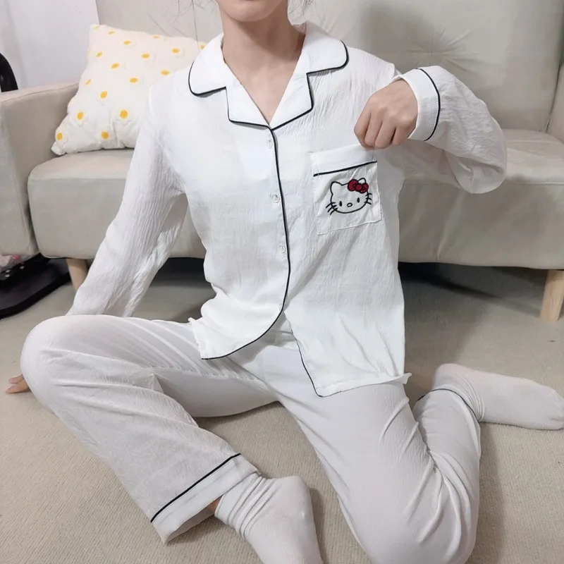 بيجامة هالو كيتي بيجامة سانريو للربيع والخريف بدلة بأكمام طويلة ملابس مريحة ملابس تنحيف هالو كيتي