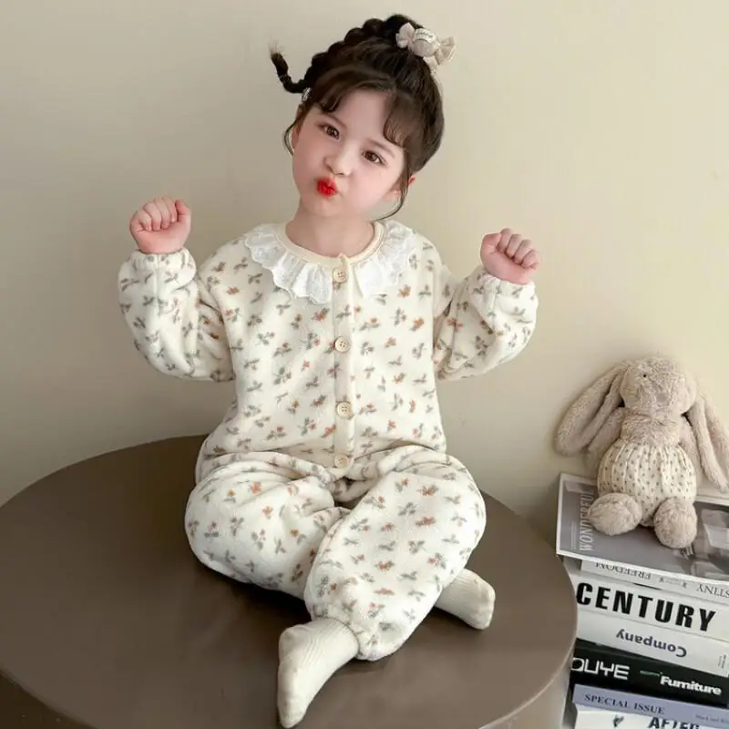 الفانيلا المنزل اثنين الفتيات الخريف الشتاء مجموعة الطفل سميكة الدافئة الأطفال Kawaii معطف غير رسمي القمم قطعة المرجان المخملية بيجامة غرزة' #3