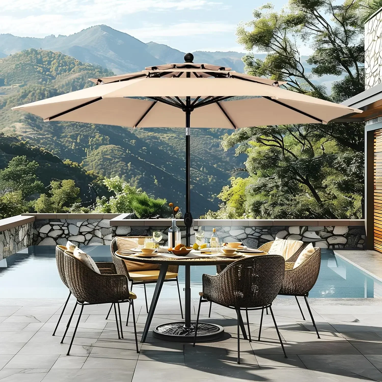 

10ft 3 Tier Auto-tilt Patio Umbrella,Wind Resistent,Outdoor Patio Umbrellas Double Vented Umbrella with Crank for Pool Garden Ba
