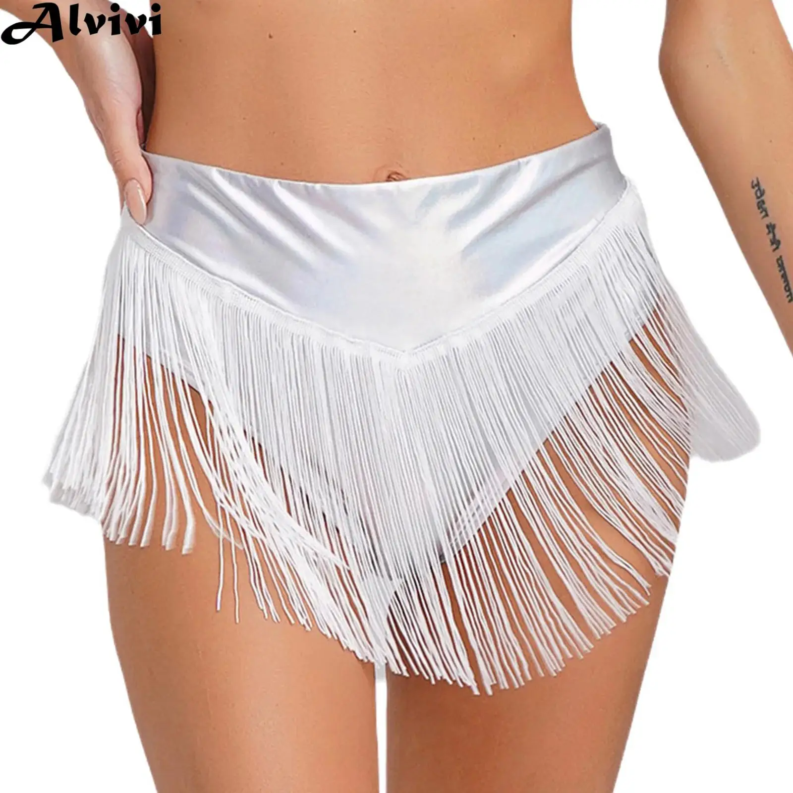 

Women Metallic Shiny Tassels Latin Dance Briefs Skirt Ballroom Cha-cha Samba Tango Pole Dancing Performance Costume Clubwear