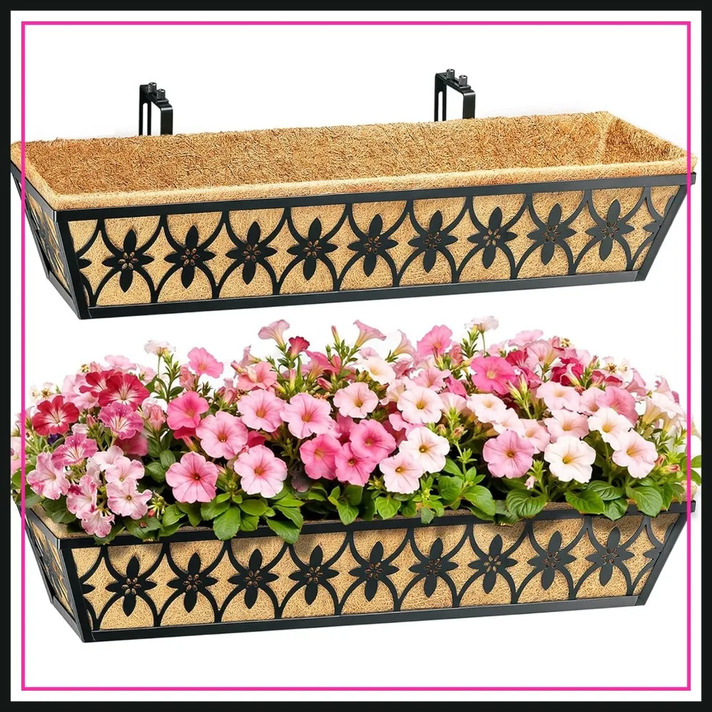 

30 Inch Window Boxes Planters for Railing, 2 Pack with Brackets and Coco Liners, Outdoor Garden Decor
