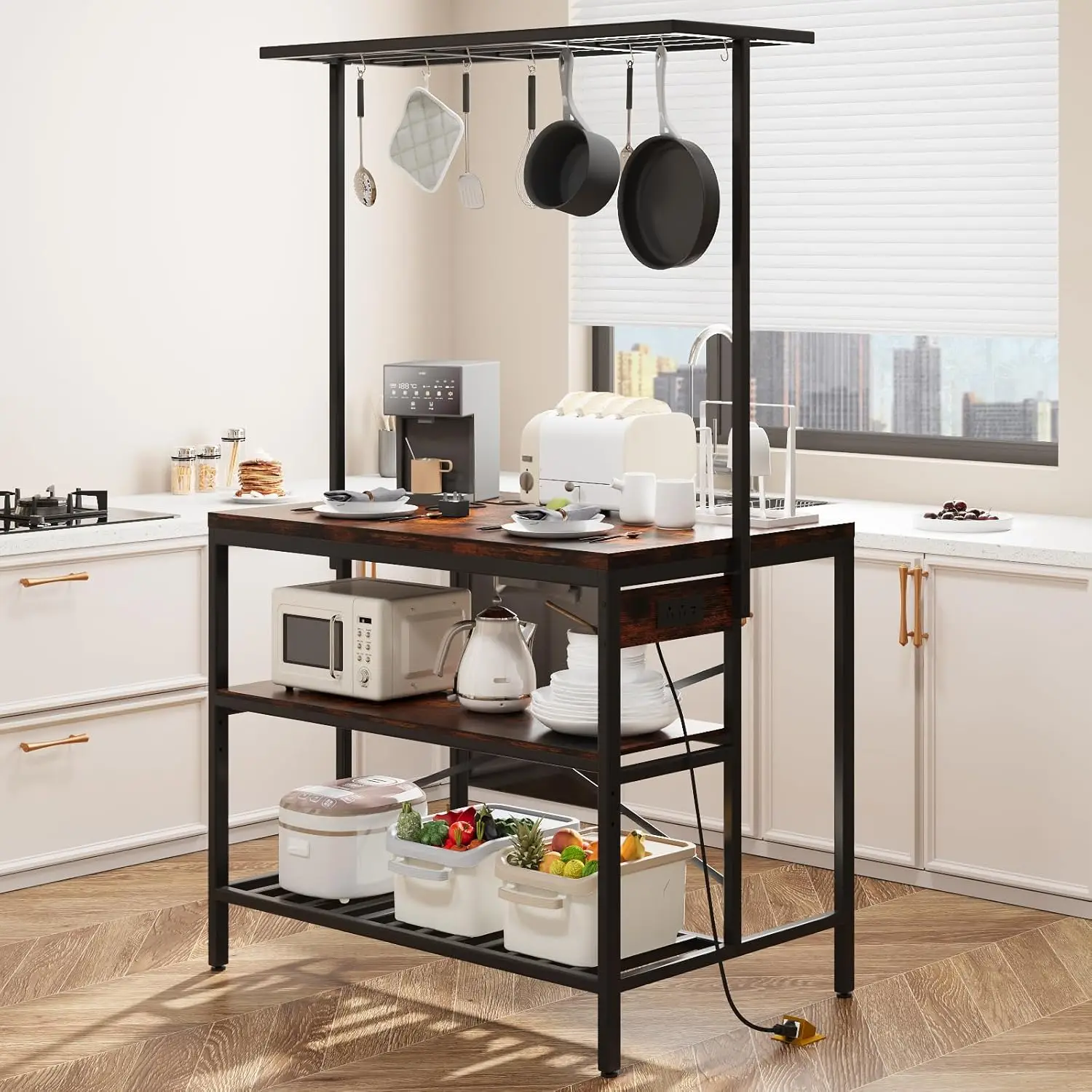 

Kitchen Island with Power Outlet, Kitchen Island Table with 8 Hooks, Bakers Rack with Storage, Industrial Coffee Bar Table for D