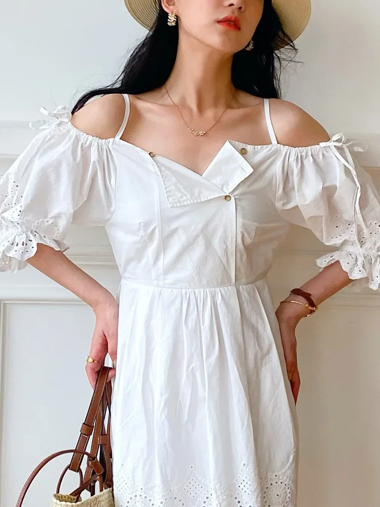 GypsyLady Embroidery Elegant Chic Midi Dress Off The Shoulder White 100%Cotton White Hollow Out Summer Women Ladies Dresses New