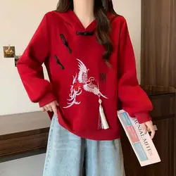 Chinese Style Buckle Pullover Hoodies for Women Vintage Long Sleeve Loose Print Hooded Sweatshirt Red Fashion Long Sleeve Tops