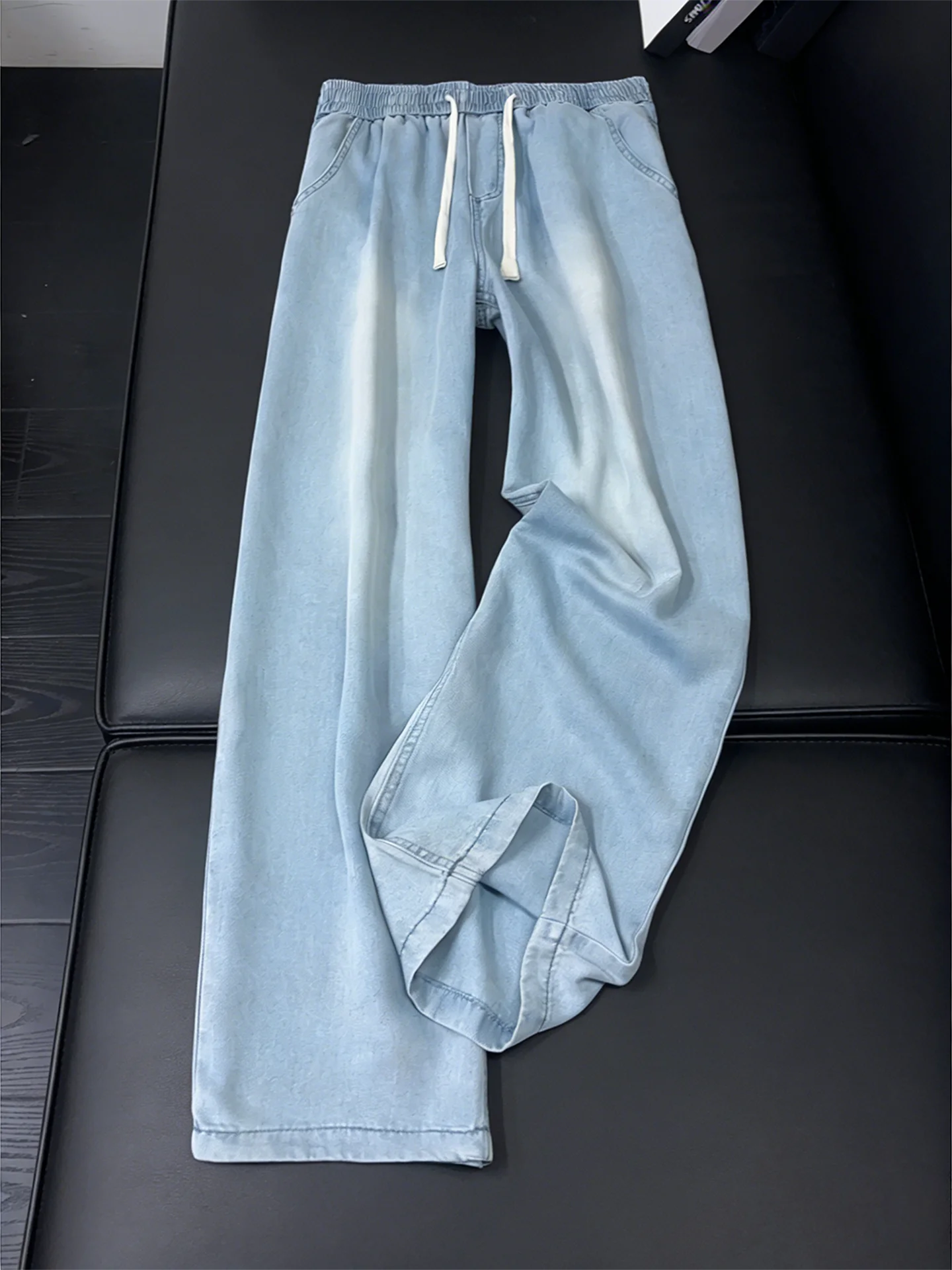 

Light Blue Men's Summer Thin Ice Silk Denim Jeans Drawstring Elastic Waist Straight Leg Drapey Long Pants Casual Style