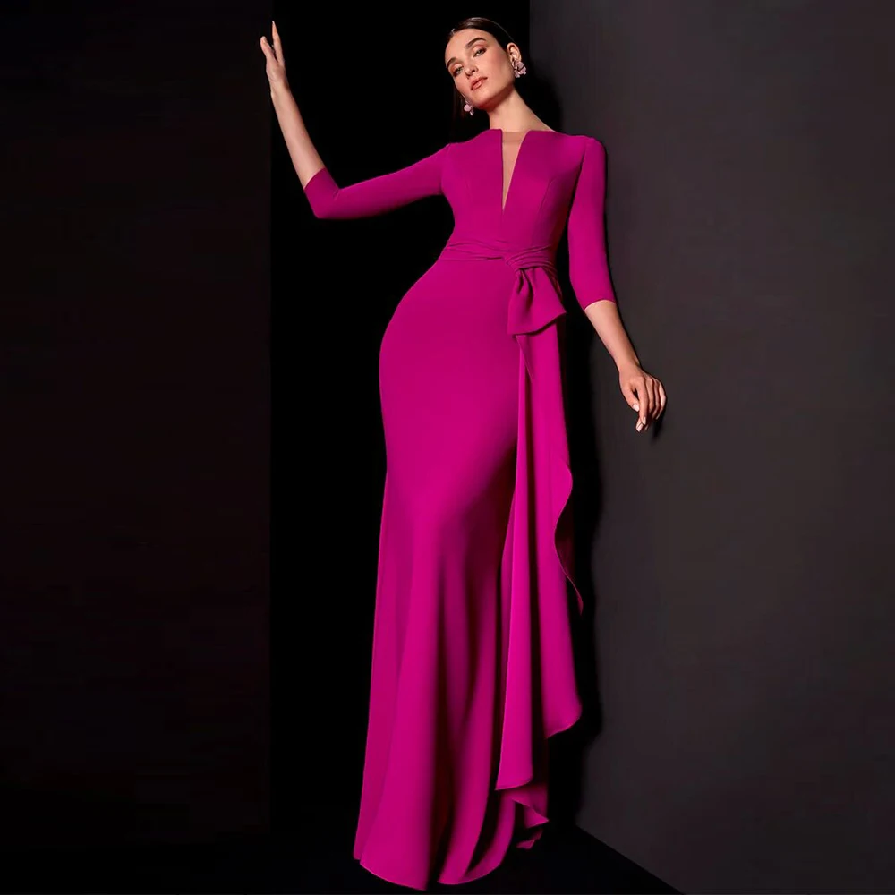 

Fuchsia Dress Party Formal Satin Ruffles Women's Evening Gowns Column V-neck Long Dresses 2024 Elegant Party Dresses Woman