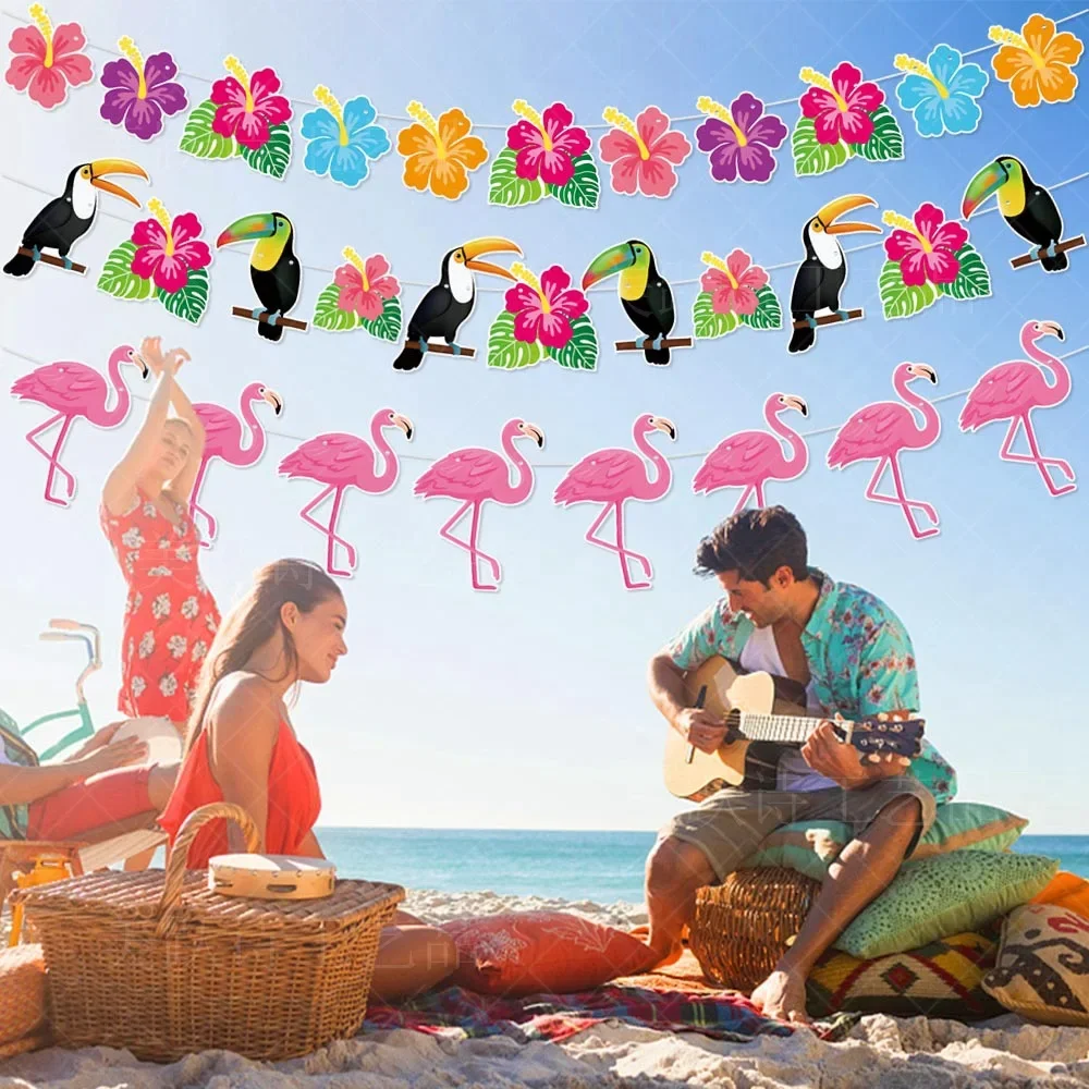 Hawaiian Decoration Banner Summer Beach Garlands Flamingo Flower Bird Birthday Paper Garland Happy Aloha Luau Party Banner