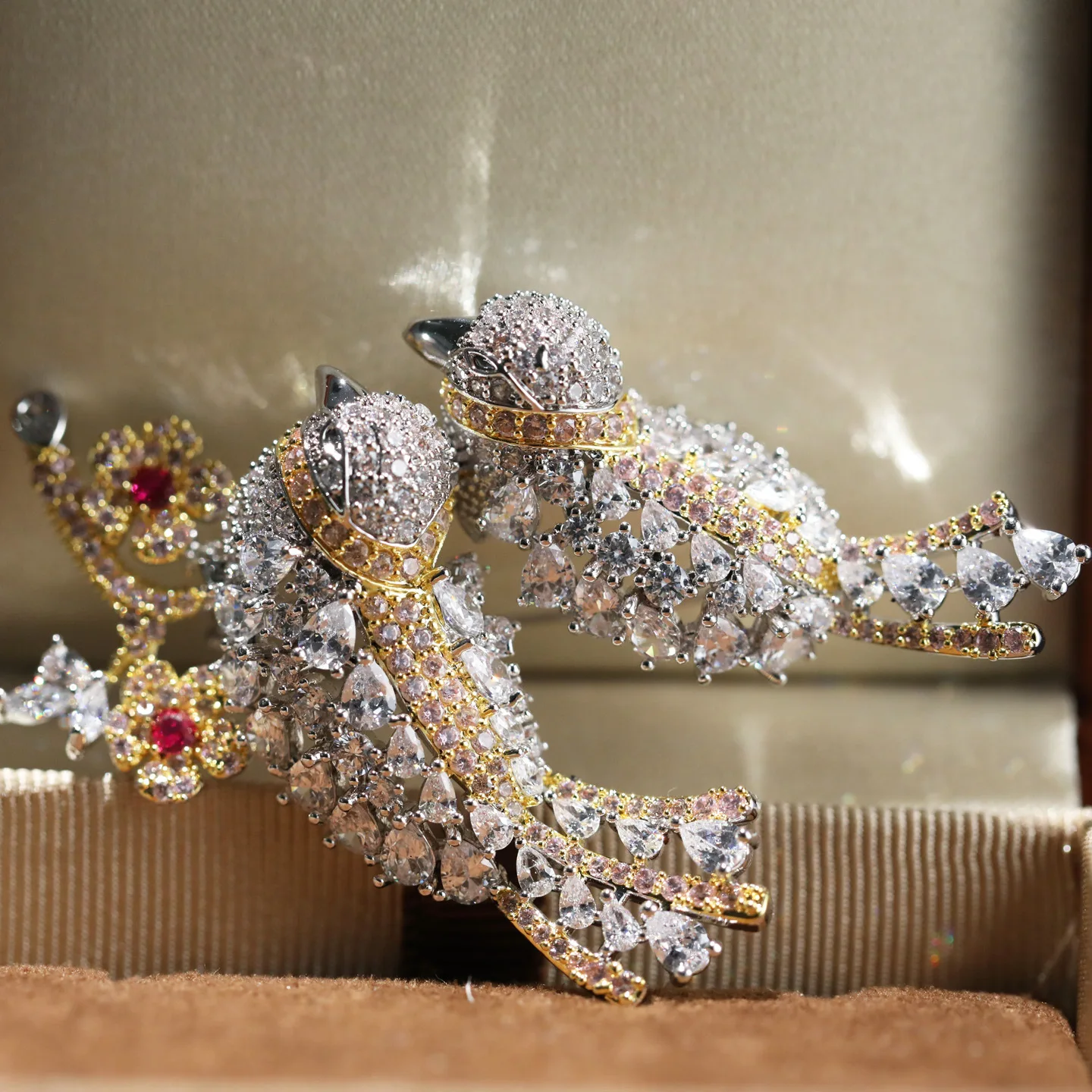 Elegant Copper Zircon Two Flying Birds Brooch Cute Animal Pin Light Luxury Clothing Gift