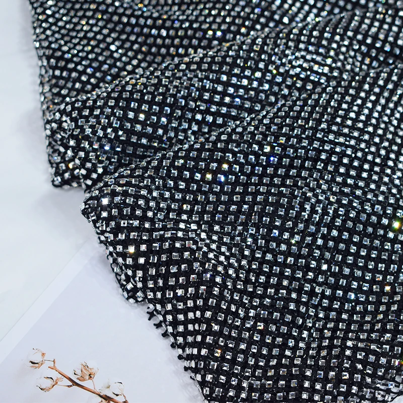 Shiny Square 4*4mm Glass Rhinestone Mesh Fabric Glass Crystal Trim Ribbon Elastic Diamond Mesh Strass Appliqu