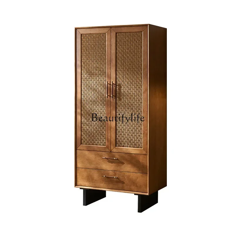 

New Medieval style wabi-sabi style retro cabinet solid wood rattan storage locker