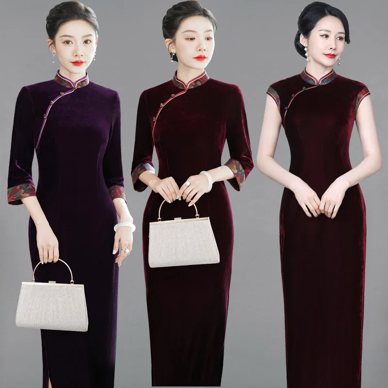 

Элегантное длинное китайское платье для мам среднего возраста, повседневное, с высоким разрезом, коротким рукавом, из бархата и полиэстера
