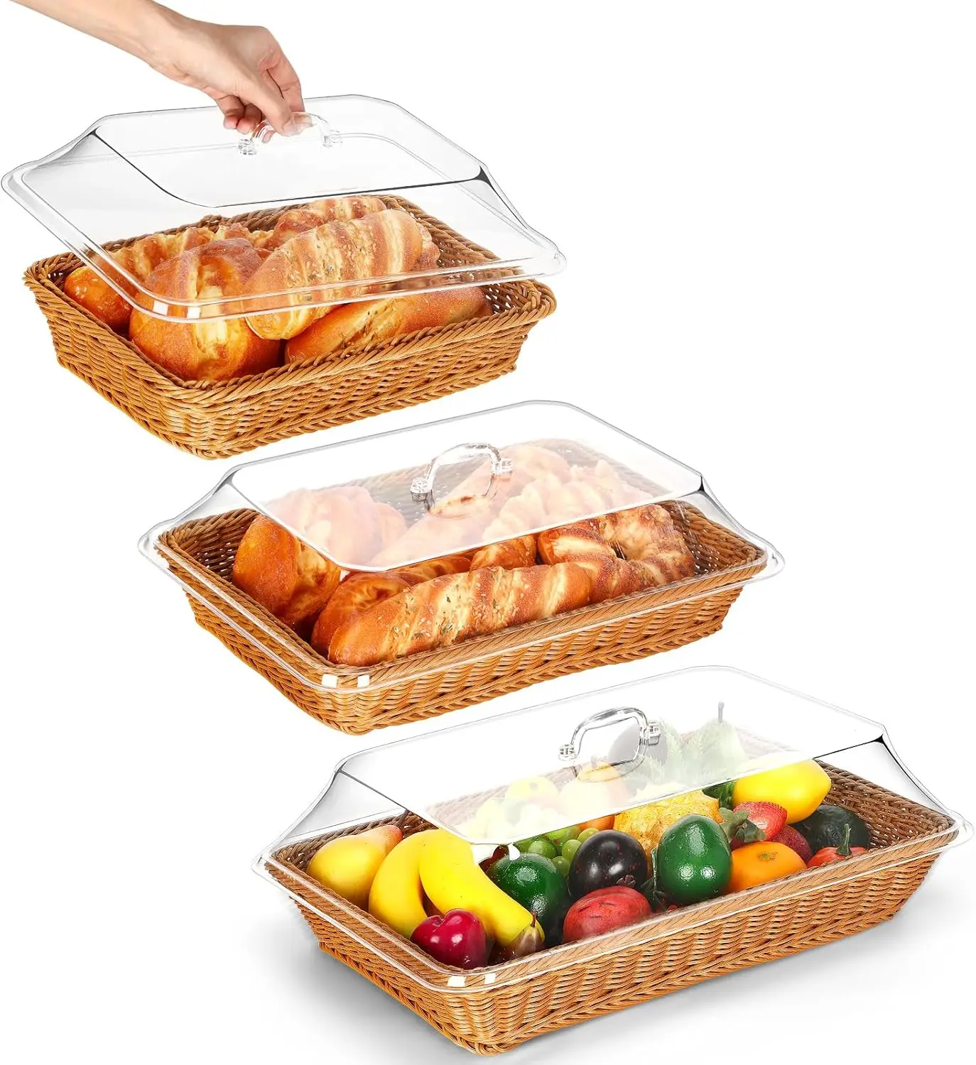 

3-Pack Woven Bread Basket Set with Acrylic Lids, Rectangle Design for Kitchen and Restaurant Display