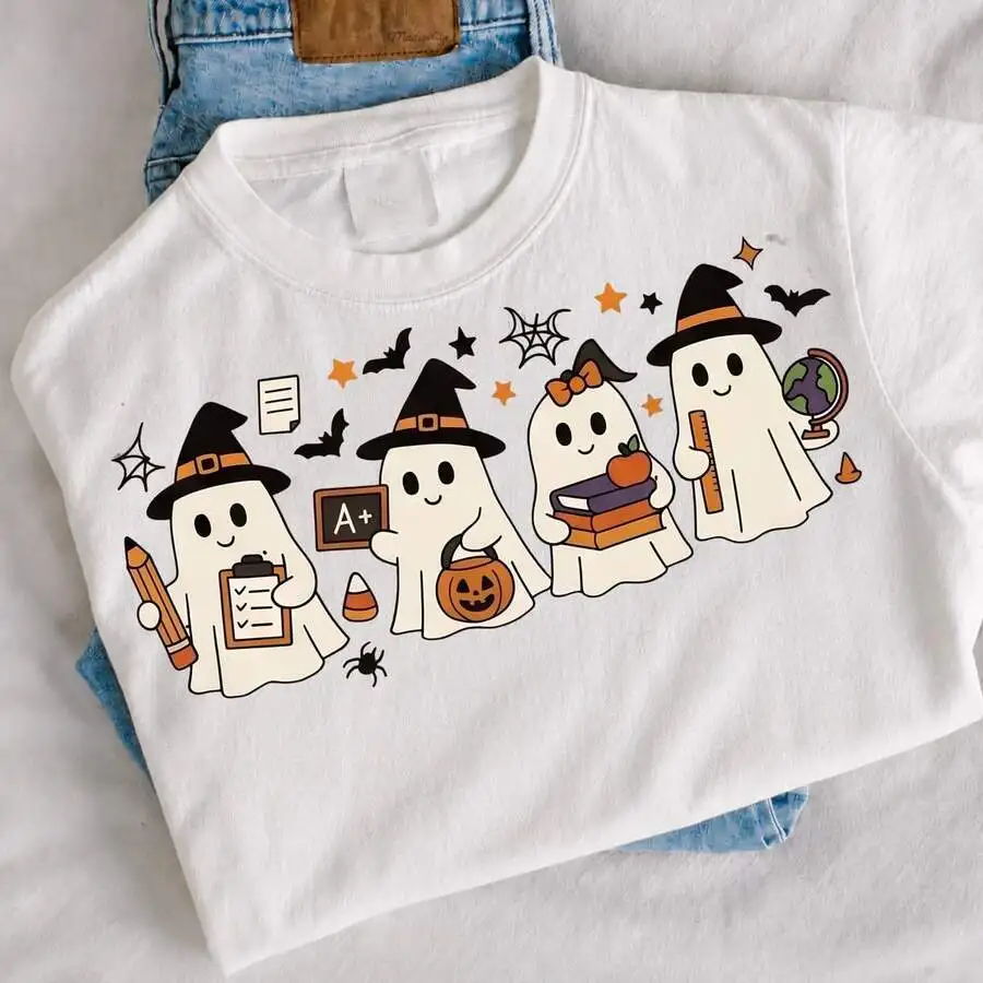 Women's Halloween School Teacher Ghost Preppy Style Graphic Print T‑Shirt Crew Neck Short Sleeve Fall Casual Tee Top