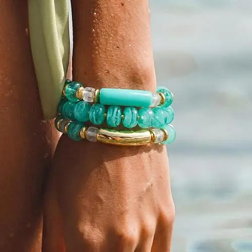 Boho Turquoise Resin Beaded Stackable Bracelets for Women,Gold Tube Clear Crystal Stretch Bracelet Set Summer Beach Vacation