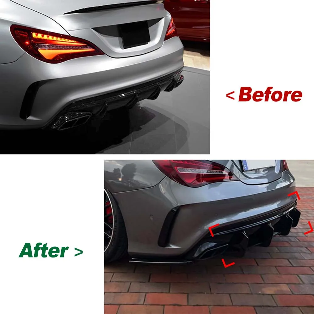 For Mercedes Benz C117 CLA45 AMG Line 2016-2019 4 Fins Car Rear Bumper Diffuser Rear Side Splitters Spoiler Lip Canards Trims