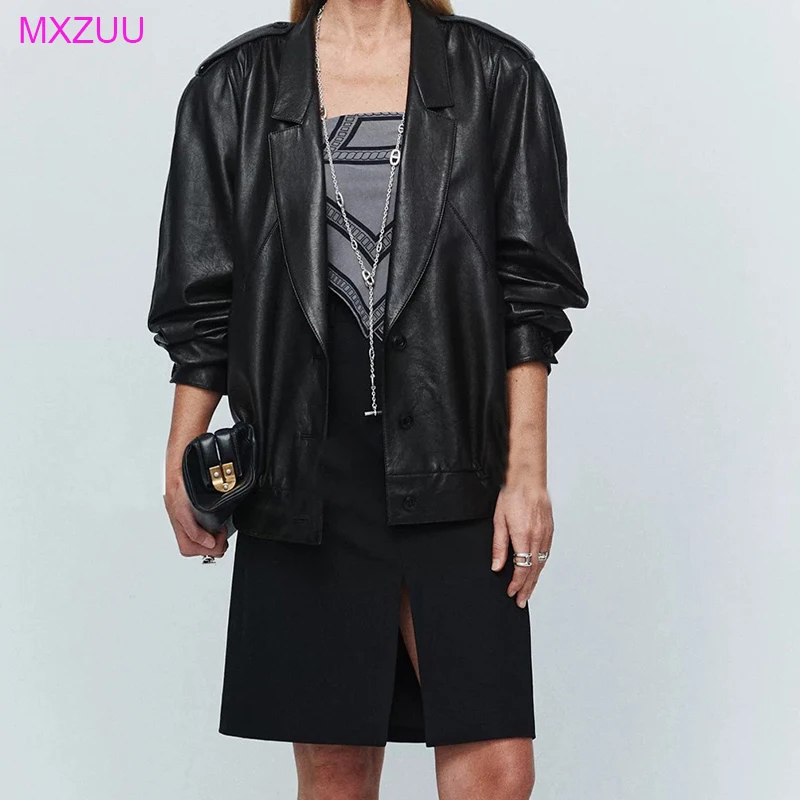 Simple Fashion Versatile Leather Jacket Autumn Women Plant Tanned Sheepskin Light Soft Retro Large V-Lapel Loose Casaco Feminino