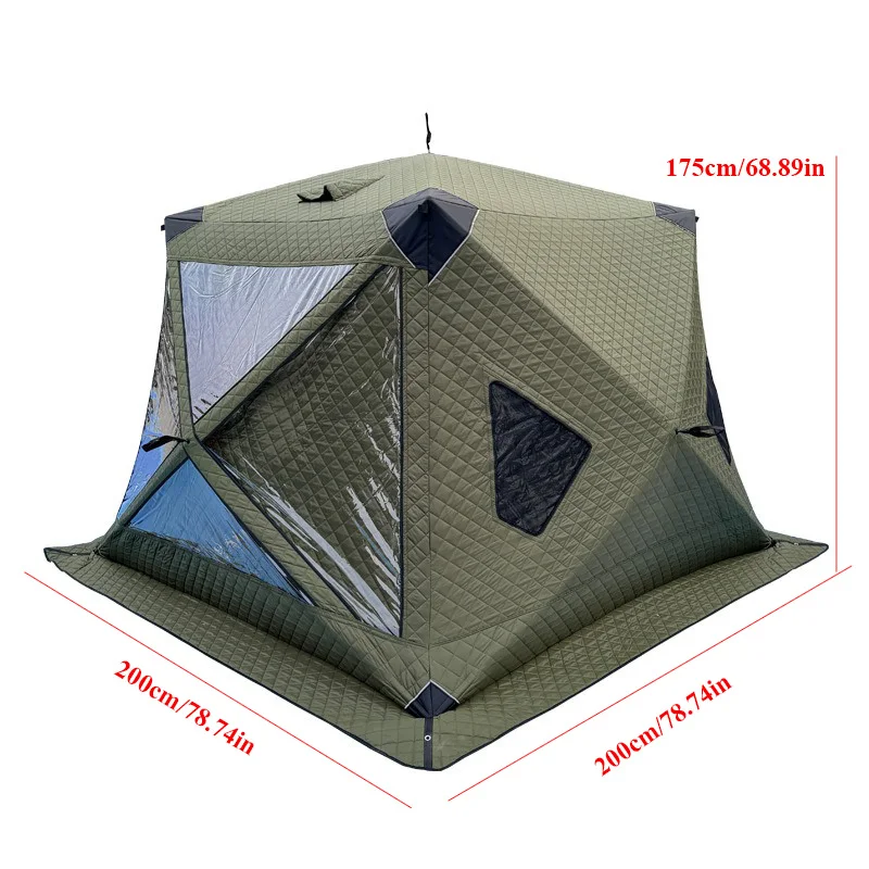 200*200*175cm Outdoor Ice Fishing Tent with Chimney Hole,sauna Winter Portable Firewood Warm Mouth Thick Large Windows 2doors