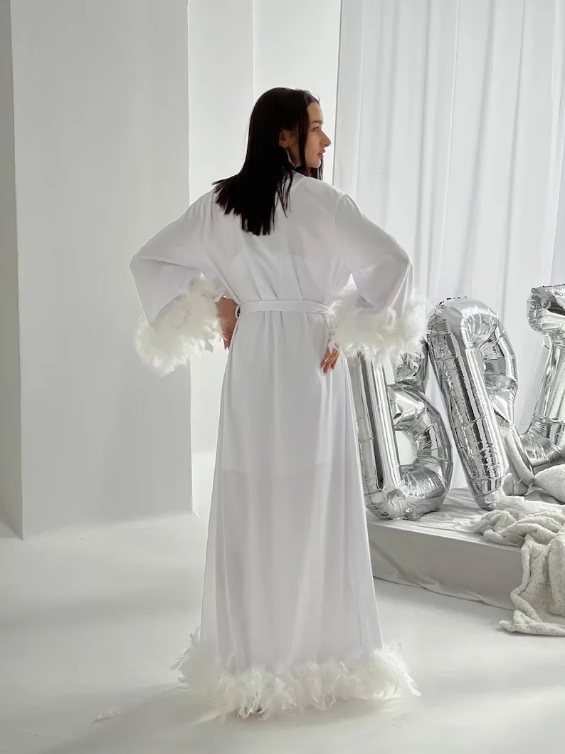 White Long Feather Bride Robe Nightie For Boudoir Bridesmaid Gift Feather Robe for Bridal Shower Wedding Maxi Dressing Gown