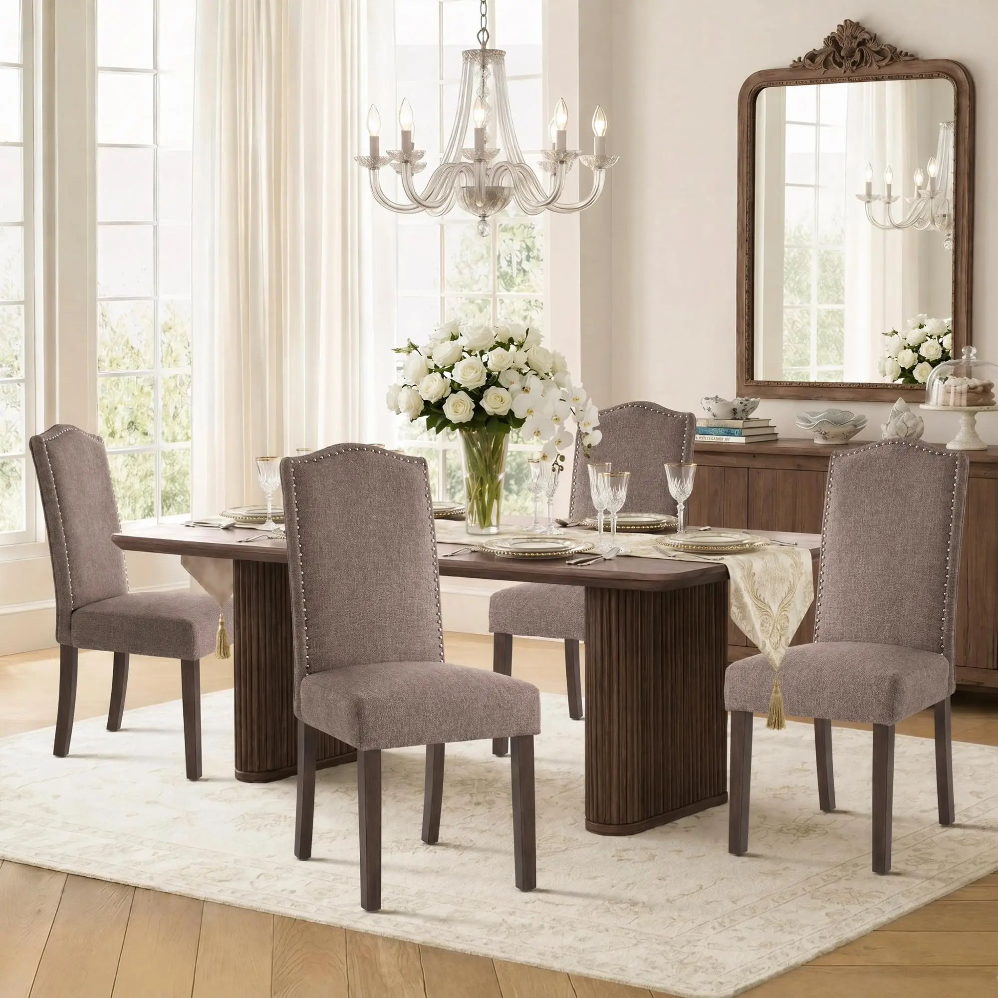 Upholstered Dining Chair Modern Stylish Kitchen Diner Fabric Set of 4 | Fabric Silver Nailhead Trim & Wood Legs, High