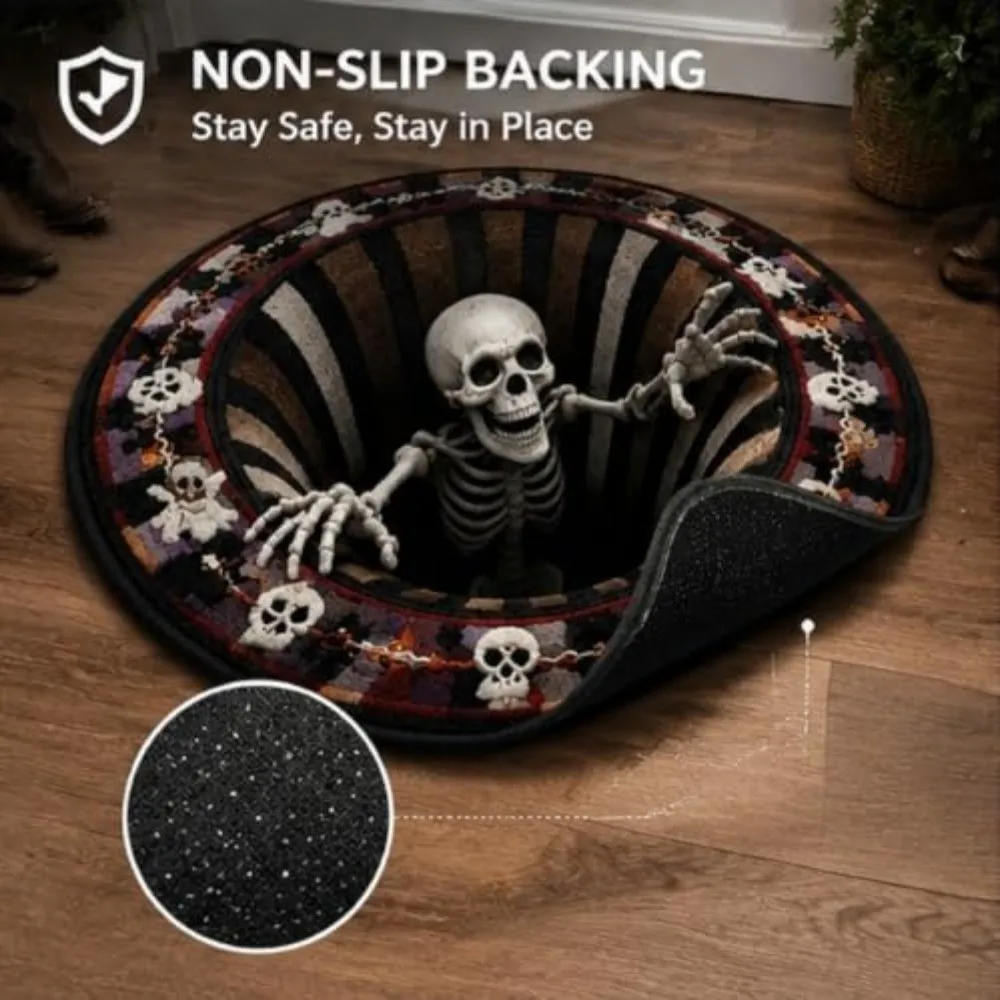3D Visual Halloween Rug Optical Illusion Design Ghost Cat Pattern Round Plushie Rug Washable Non-Slip Bottom Holiday Doormat
