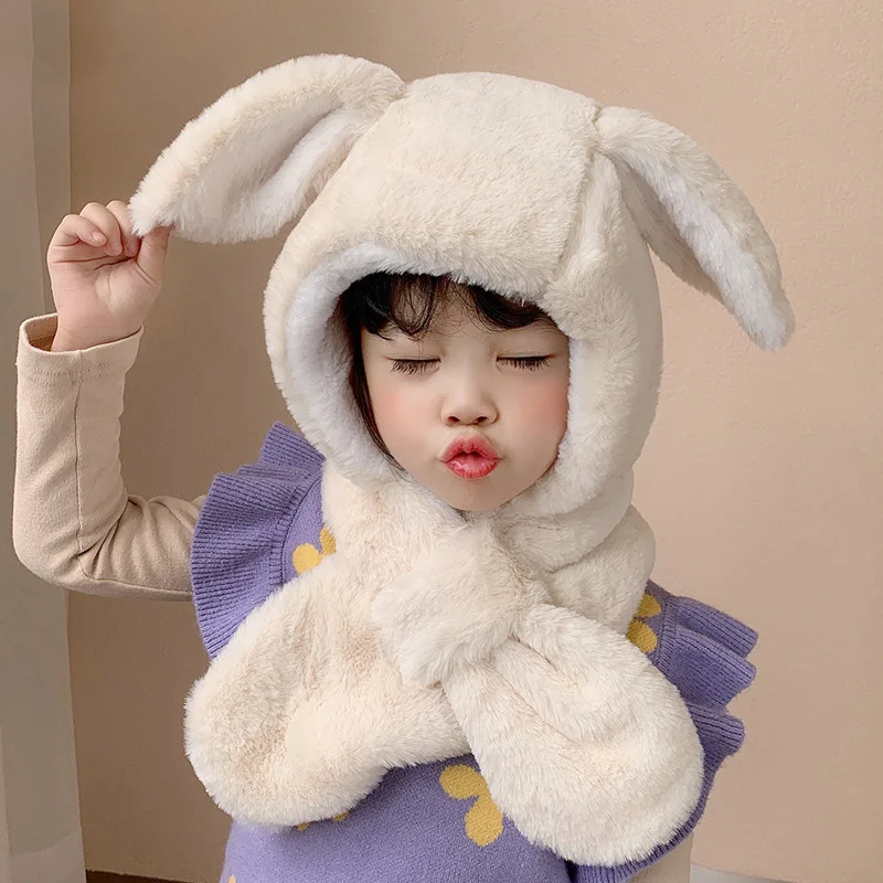 Autumn Winter Fleece Hat Scarf For Kids Ear Protection Cap Warmer Neck Scarf Children Cartoon Cute Beanies Cap Baby Girls Hat