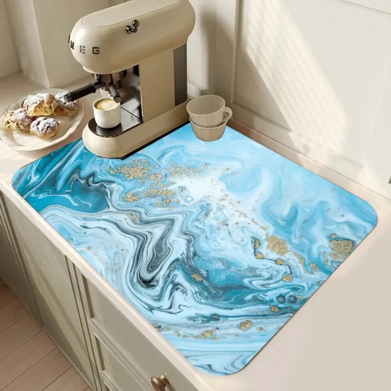 Marble Coffee Maker Mat Dish Drying Mat for Kitchen Marble Dishes Pad Dish Drainer Rack Mats Absorbent Fast Dry Kitchen