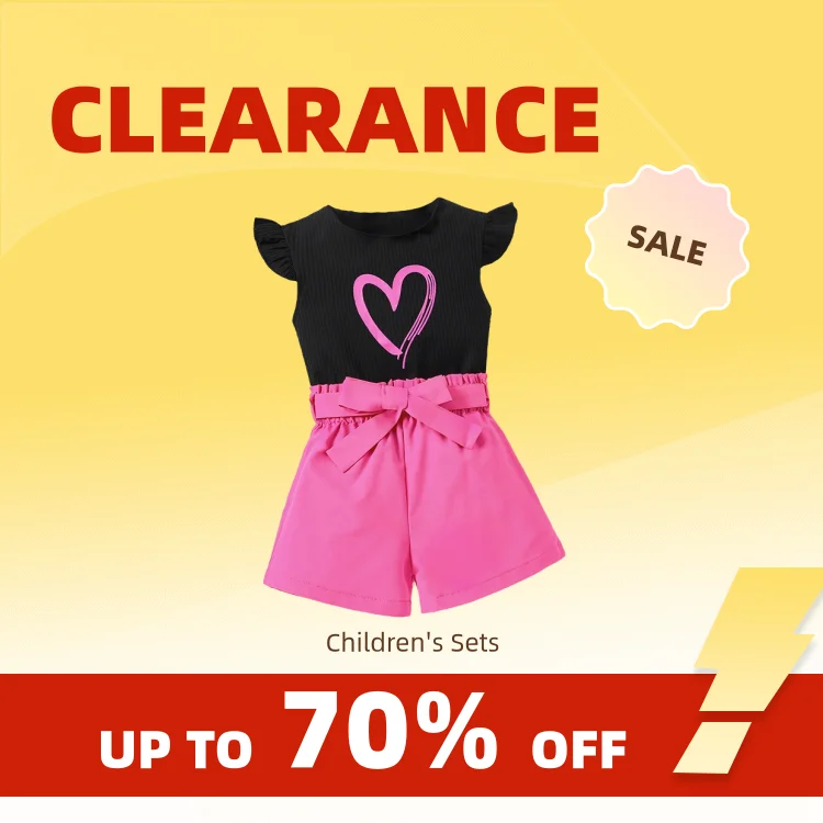 Clearance_2pcs หญิงออกไปชุดสูทสั้นหัวใจกราฟิกกระพือแขนด้านบนและ Belted เอวกางเกงขาสั้นชุดเด็กเสื้อผ้าฤดูร้อน_Continu