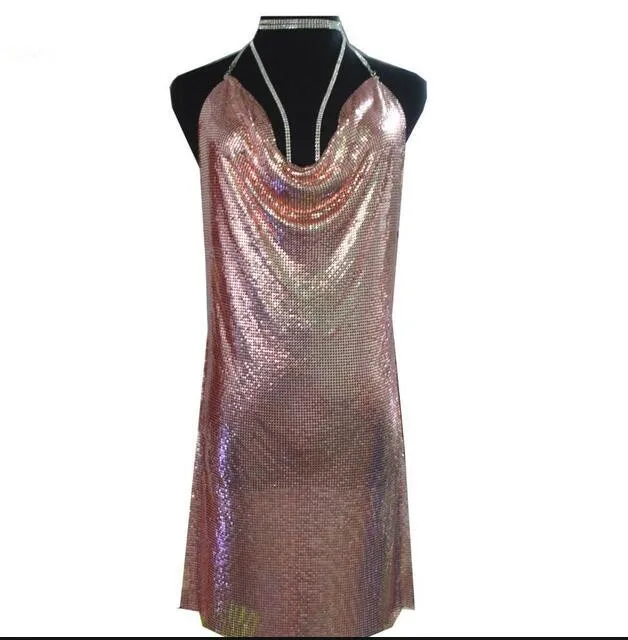 2024 Fashion Sequin Coruscate Color Mini Slip Dress Women Sexy Deep V Neck Backless Silm Split Hip Metal Dresses