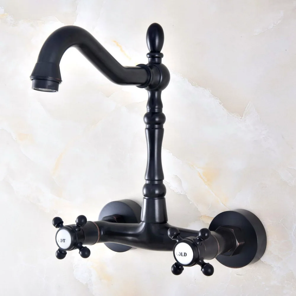 

Black Oil Rubbed Brass Two Handles Wall Mounted Kitchen Bathroom Swivel Spout Faucet Mixer Tap anf452