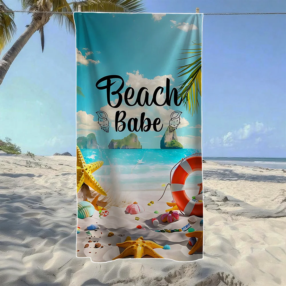 Summer Beach Quote & Coastal Seascape Beach Towel, Soft Durable Quick-Drying, Ideal For Summer Beach, Swimming & Camping