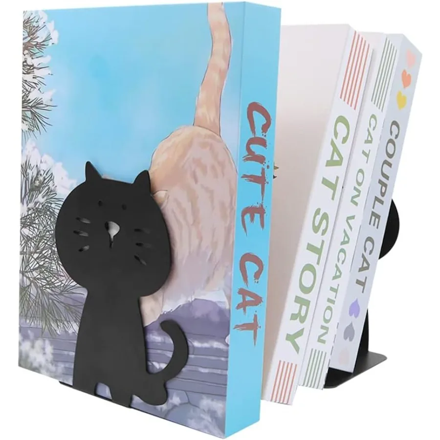 منظم كتب قطة لطيف وسميك معدني قوي ومتين للمكتبة والمدرسة والمكتب والمنزل والدراسة زوج واحد باللون الأسود #4