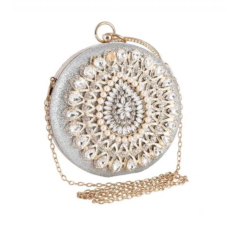 Round Clutch Handbag with Ring Circle Top Handle Luxury Crystal Diamond Evening Bag Women Rhinestone Shoulder Messenger Purse